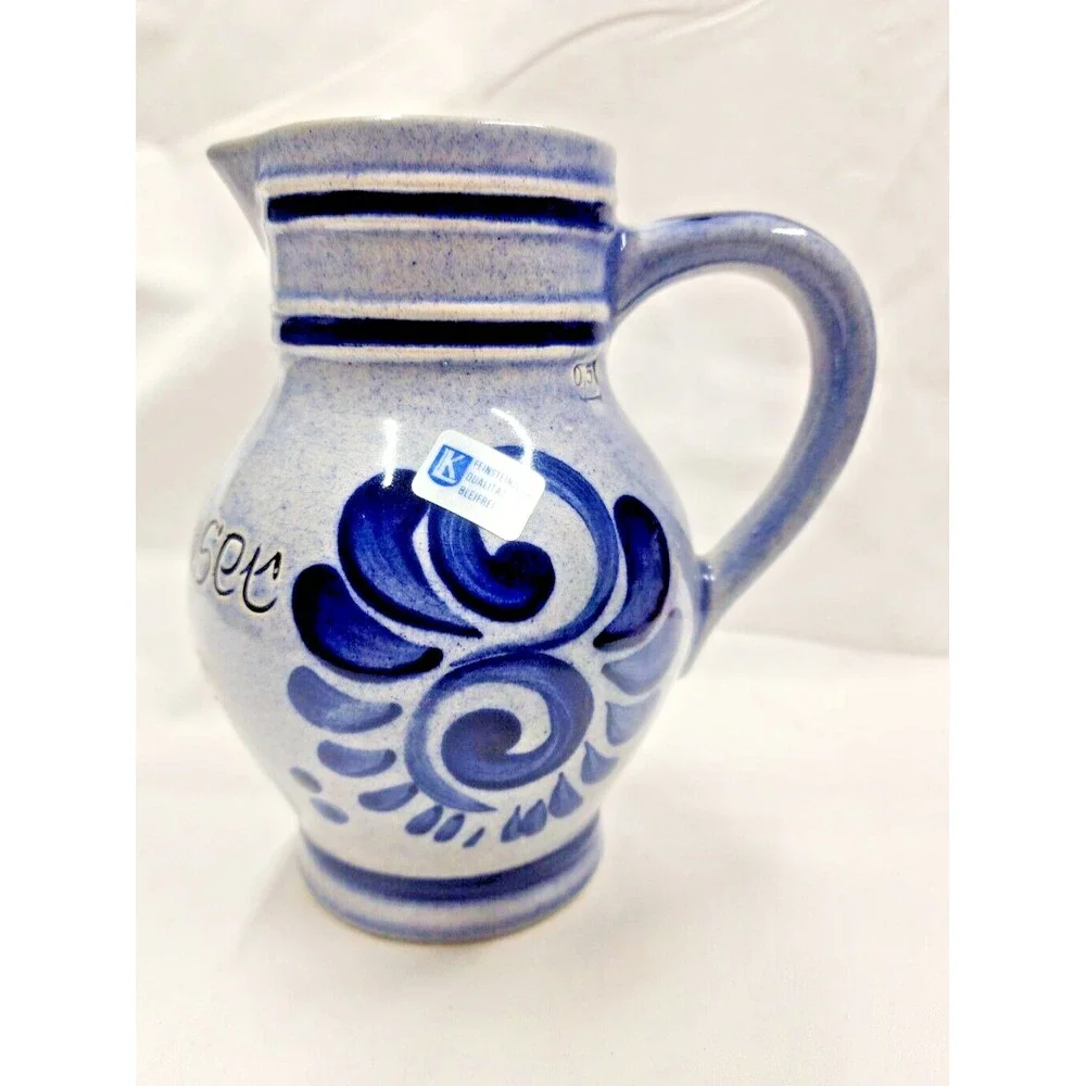 Vintage Steinheimer Krugle .5 Liter Stoneware Jug Cobalt Blue Swirl Design